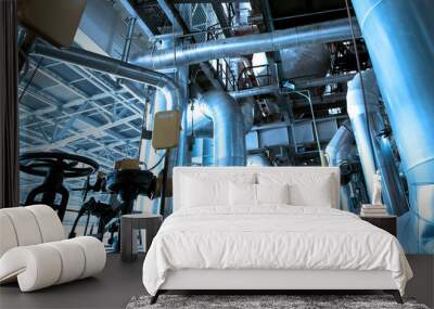 Industrial zone, Steel pipelines and cables in blue tones Wall mural