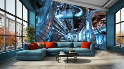 Industrial zone, Steel pipelines and cables in blue tones Wall mural