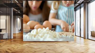 Modern kitchen harmony  mother and daughter cooking together, emphasizing ingredients and teamwork Wall mural