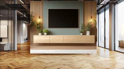 Modern Living Room With Wooden Paneling, Black Frame, Sideboard, Two Elegant Armchairs And Plants Wall mural