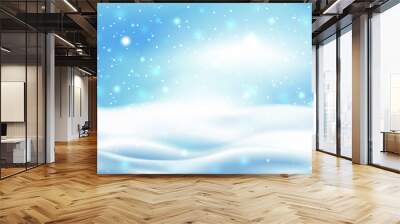 Natural Winter Christmas background with blue sky, heavy snowfall, snowflakes in different shapes and forms, snowdrifts. Winter landscape with falling Christmas shining beautiful snow. Vector. Wall mural