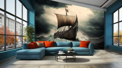 Old dark viking ship in storm. Generative Ai Wall mural