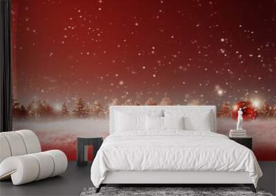 Red Christmas background, snowy night landscape with bauble, falling snow, pine forest silhouette. Wall mural