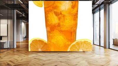 Refreshing Iced Tea A Tall Glass with Lemon Slices and Ice Cubes, Isolated on White Background Wall mural