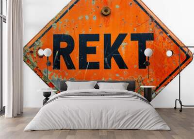 REKT. Warning sign with the word Rekt in it. Worn road sign with text „REKT”, isolated on transparent background.  Wall mural