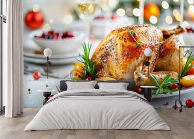 Roasted Turkey or Chicken with Festive Table Setting for Christmas Dinner, Holiday Food Wall mural