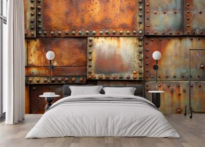 rusty sheet metal with rivets,
steampunk background Wall mural