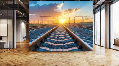 Scenic railway tracks at sunset  tranquil and beautiful view of railroad tracks in the golden hour Wall mural