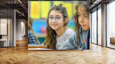 Schoolgirl smilingly listens to teacher during lesson Wall mural