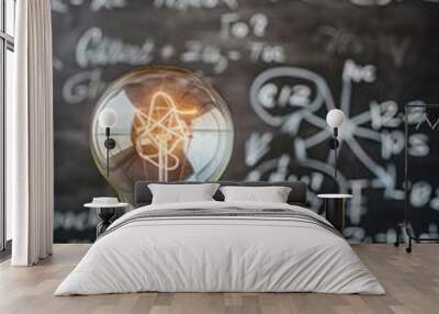 Scientific thought  glowing lamp amid math and physical formulas in science education background Wall mural