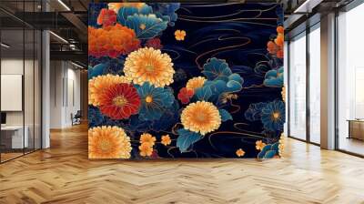 Seamless Japanese Floral Pattern. Vibrant Blue Background with Orange and Yellow Chrysanthemums. Wall mural