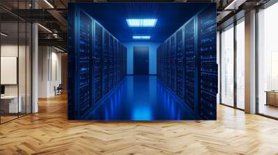 Server racks in computer network security server room data center 3D render dark blue. 3d waiter Wall mural