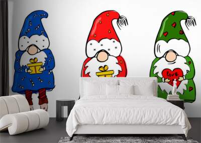 set of cute christmas man gnomes. collection of holidays wizards or enchanter with gifts. Wall mural