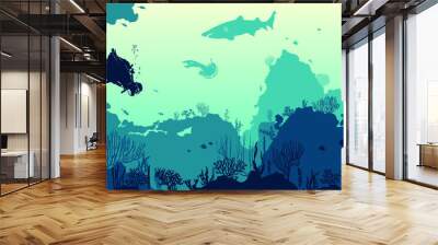 Silhouette of scuba diver with a shark and coral reef with fishes on a blue sea. Vector nature illustration. Marine underwater life. Wall mural