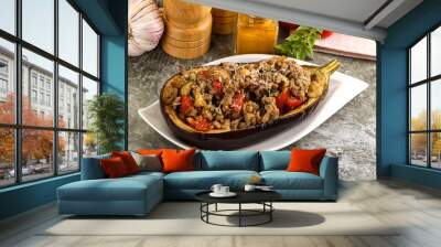 Baked eggplant stuffed meat and tomato Wall mural