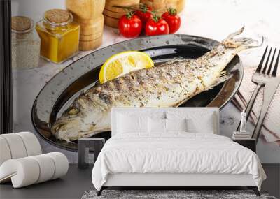 Grilled sea bass fish served lemon Wall mural