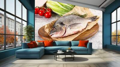 Raw dorada fish served rosemary Wall mural