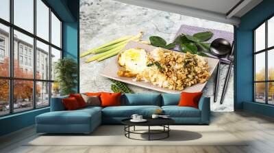 Rice with minced meat and basil Wall mural