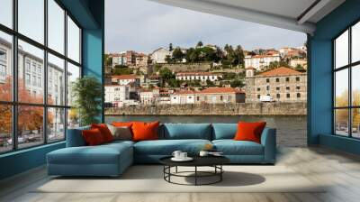 View of Porto city at the riverbank (Ribeira quarter) and wine b Wall mural