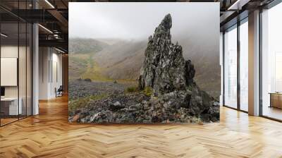 Mountain view. Severe northern landscape with rocks, hills, tundra and low clouds. Arctic nature. Mount St. Dionysius, Chukotka, Siberia, Far East of Russia. Extreme North. Wall mural