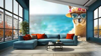 Stylish llama relaxing on beach  vacation vibes with sunglasses and hat, ideal for text placement Wall mural