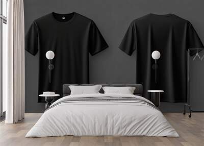 T-shirt mockup. Black blank t-shirt front and back views. male clothes wearing clear attractive apparel tshirt models template | Generative AI
 Wall mural