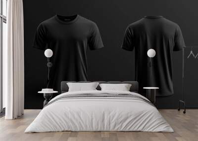 T-shirt mockup. Black blank t-shirt front and back views. male clothes wearing clear attractive apparel tshirt models template | Generative AI
 Wall mural