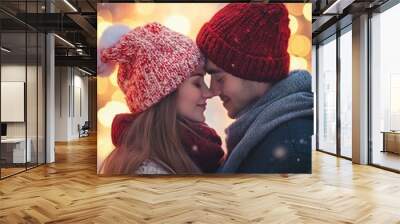 The romantic of young couple in love with wearing wool and santa hat in the winter season on bokeh background.. valentine love woman and man
 Wall mural