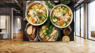 Three bowls of hearty chicken noodle soup with fresh herbs, lemon, on dark wooden table background Wall mural