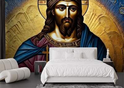 Traditional byzantine style Orthodox icon of Jesus Christ on a blue and gold background, eastern Orthodox painting of God and human Jesus Wall mural