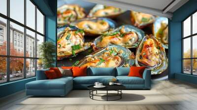 Traditional mediterranean grilled mussels on elegant black plate   exquisite seafood dish Wall mural