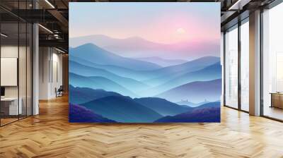 Tranquil pastel sunrise in minimalist 3d abstract landscape with gentle rolling hills Wall mural