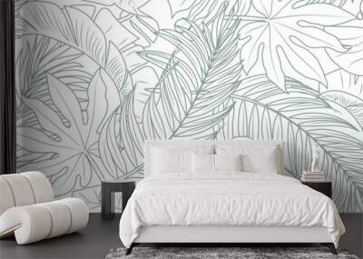 Tropical leaf line art wallpaper background vector. Design of natural monstera leaves and banana leaves in a minimalist linear outline style. Design for fabric, print, cover, banner, decoration. Wall mural