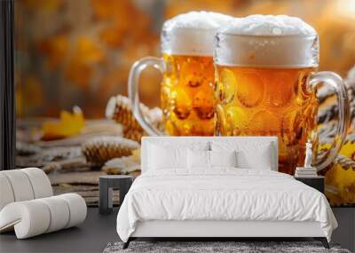 Two glasses of beer on a wooden table with autumn leaves scattered around them Wall mural