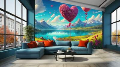 Valentine Day. Red heart balloon and flower-covered heart rise above mountain lake and meadow. Floating hearts in the sky. Blossoms and greenery frame peaceful water and dramatic peaks. Wall mural