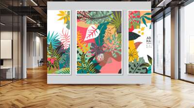 Vector collection of trendy creative cards with cut paper, floral exotic tropical elements, palm leaves Wall mural