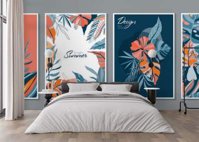 Vector collection of trendy creative cards with floral exotic tropical elements, palm leaves Wall mural