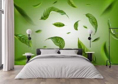 Vector realistic illustration with green tea leaves in motion on a green background. Element for design, advertising, packaging of tea products Wall mural