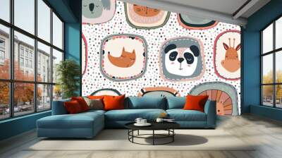 Vector seamless pattern with cute animal faces in frames. Simple scandinavian style. Wall mural