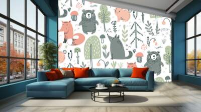 vector seamless pattern with hand drawn wild forest animals, Wall mural