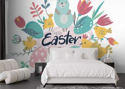 vector spring easter greeting card with cartoon bunnies, birds, eggs and plants Wall mural