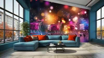 Vibrant e commerce bokeh design with colorful shopping cart icons and retail technology elements Wall mural