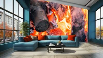 Smoldering charcoal in a bonfire, background texture Wall mural