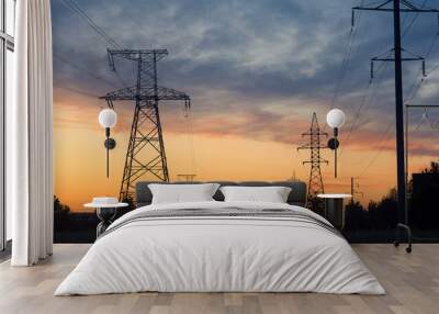 power lines wires on poles away light Wall mural