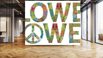 Word FLOWER POWER with peace sign. Vector decorative zentangle object Wall mural