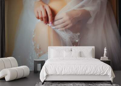 Sexy beautiful nude bride with veil in white erotic lingerie Wall mural