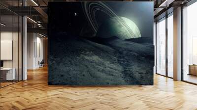 alien planet landscape sci fi spatial background, view from planet surface with spectacular sky, realistic digital illustration Wall mural