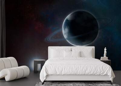 Blue planet with rings and atmosphere on space background near sun. Sci-fi space art with exoplanet. Surreal space illustration with saturn like planet and star Wall mural