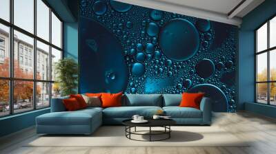 dark blue abstract background, bubbles in transparent liquid Wall mural