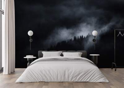 dark landscape, misty mountain with trees at night Wall mural